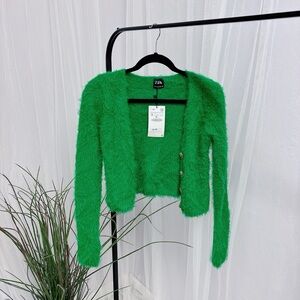 Zara Fuzzy Green Textured Crop Cardigan